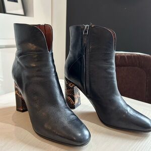 Sigerson Morrison Black Ankle Boots with Snakeskin Heel, size EUR 38/ US 8.